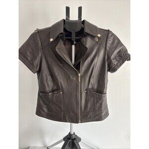 bebe Vintage Brown Genuine Leather Short Sleeve Moto Jacket Puff Cuff Gold L